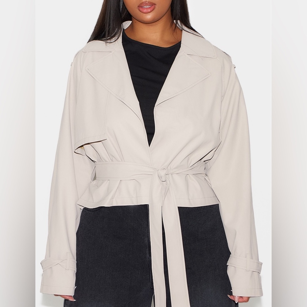 Plus Beige Rubberized Loose Fit Cropped Trench Coat